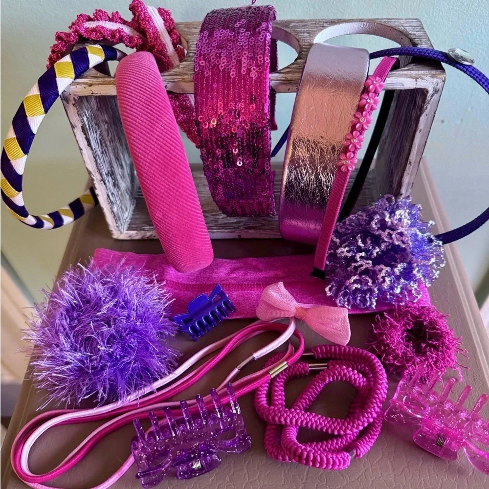 Assortment pink & purple hair accessories for tweens/teens